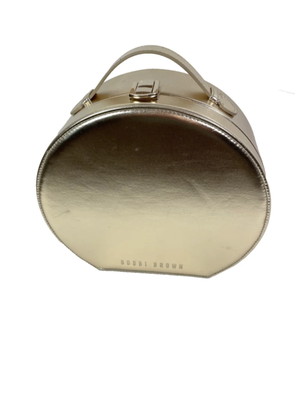 Bobbi Brown Large Shiny Gold Round Cosmetic Travel Case Makeup Bag Pink Interior